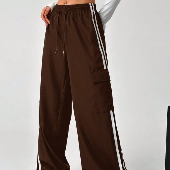 Brown Casual Women's Color Block Striped Drawstring Waist Cargo Long Pants - Picture 5 of 6